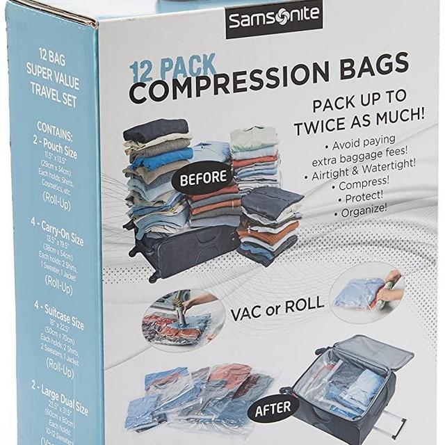 Samsonite Compression Packing Bags, Clear, 12-Piece Kit (2-Pouch/4-Carry-On/4-Large/2-X-Large
