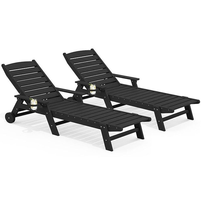 SERWALL Patio Chaise Lounge Chair Set of 2, 78'' Long 5-Positions Adjustable HDPE Outdoor Lounge Chair with Rolling Wheels & Cup Holder for Poolside, Deck, Obsidian Black