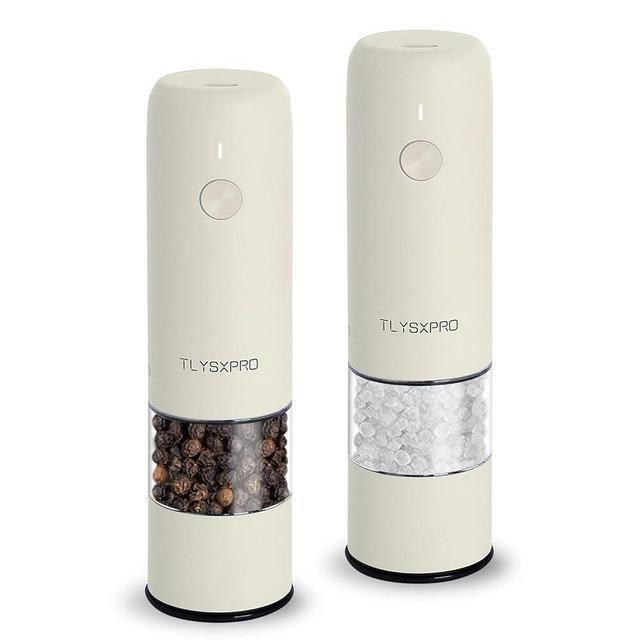 Small Electric Salt and Pepper Grinder Set, USB Rechargeable, Automatic Pepper Grinder Shakers Mill with Adjustable Coarseness, One Hand Operation for Kitchen Gadgets (2 Packs, Buttercream)