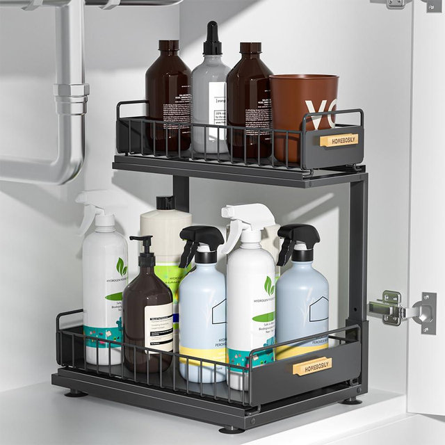 HOMEBOSILY Under Sink Organizer, Pull Out Kitchen Cabinet Organizer, 2-Tier Metal Under Sink Organizers and Storage Height-Adjustable, Kitchen Bathroom Organizers and Storage Shelves, Black