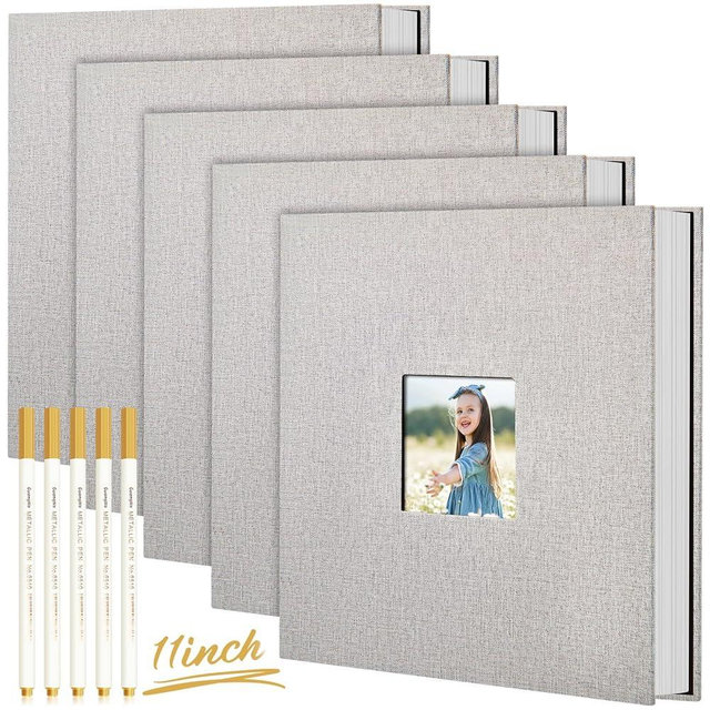 Jetec 5 Pcs 11 x 10.6 Inch Large Photo Album Self Adhesive Scrapbook Album 40 Blank Pages DIY Linen Cover Memory Photo Book with Metallic Pen for Pictures Wedding Family Travel (Light Gray)