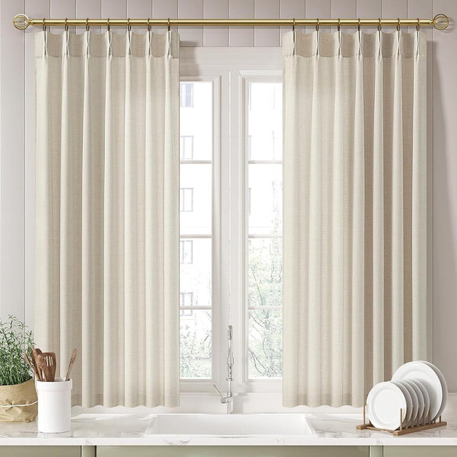 Yuanice Pleated Memory Shaped Natural Linen Curtains Short, Pinch Pleat Light Filtering 45 inch Curtain with Hooks Privacy for Kitchen Cafe Small Window Back Tab Drape Home Decor 3-3/4FT Panels x 2