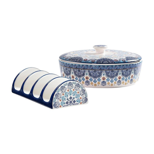 Bico Blue Talavera Taco Tuesday Set, Tortilla Warmer and Taco Holder, Microwave and Dishwasher Safe