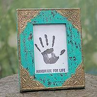 Majestic TurquoiseBlue Wood Glass Brass Floral 5x7 Photo Frame from India