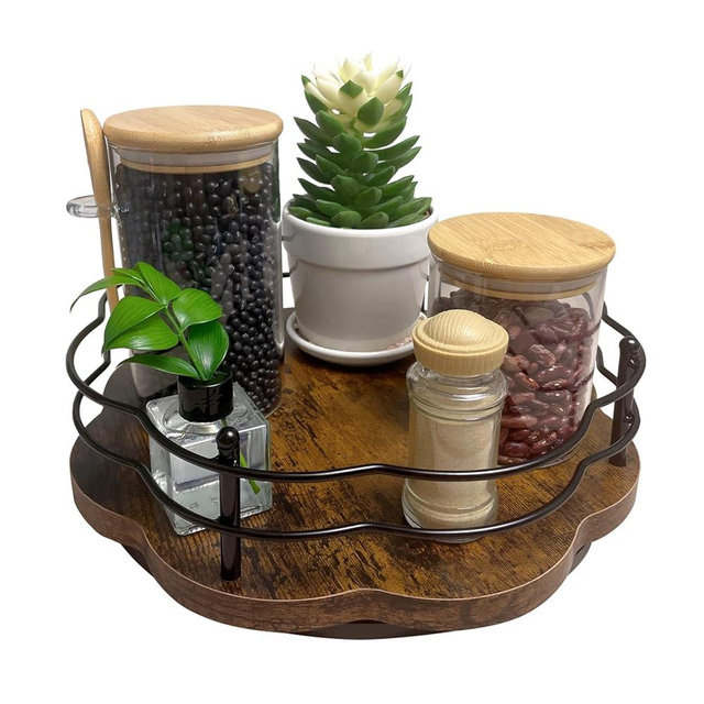 BaiWinlar Lazy Susan Turntable Organizer with Higher Metal Sides, 11" Wooden Lazy Susan Spice Rack Organization and Storage for Cabinet,Kitchen,Countertop,Table Top,Dining Table,Coffee Bar Decor
