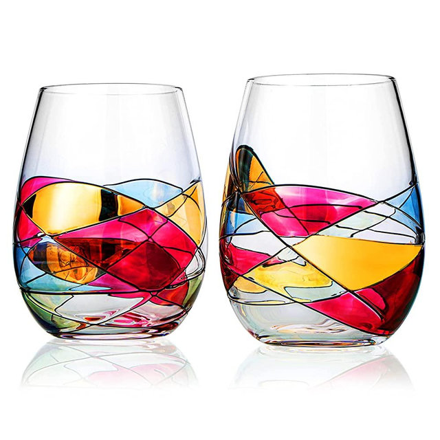 Artisanal Hand Painted Stemless - Renaissance Romantic Stained glass Windows Wine Glasses, The Wine Savant - Set of 2 - Gift Idea for Her, Him, Birthday, Housewarming - Extra Large Goblets (Stemless)