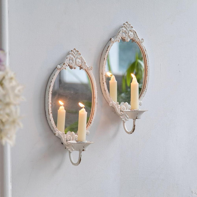 SOFE Rustic White Mirrored Wall Candle Sconces Set of Two, Metal Vintage Wall Candle Holder, Handmade Taper Candle Sconce, Candle Stick Wall Sconce for Living Room, Farm House Wall Home Decor