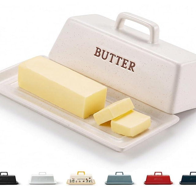 Kook Ceramic Butter Dish with Lid, Kitchen Countertop Butter Keeper, Serving Tray with Cover, Storage Container, Holds 1 Stick, Microwave and Dishwasher Safe (Matte Oatmeal)