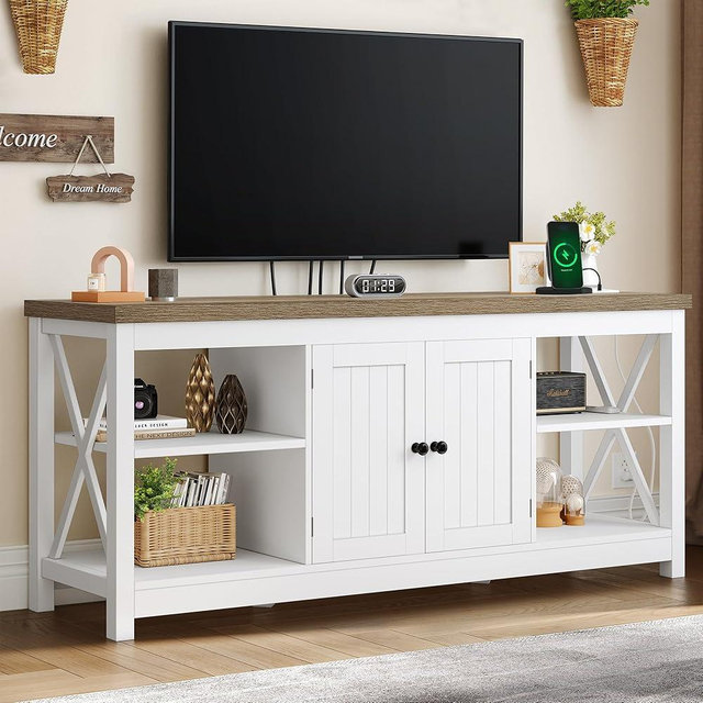 YITAHOME TV Stands for Living Room, Modern Entertainment Center with Power Outlets for Television up to 65 Inch, Farmhouse Media Console TV Cabinet with Adjustable Shelf & Open Shelves, White