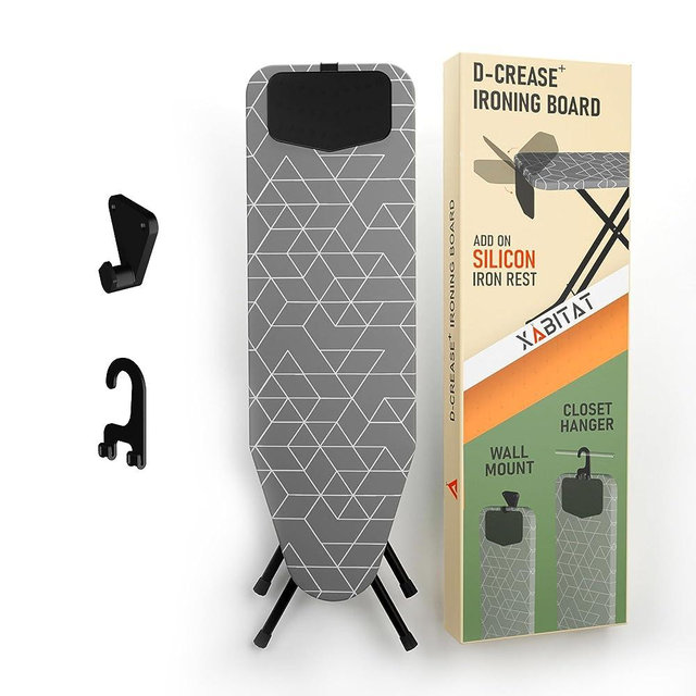 D-Crease+ 48" X 13" Full Size Ironing Board W/Silicon Iron Rest | Wall Mount & Closet Hanger| Full Metal Heavy Duty Construction| Heat & Scorch Resistant Fabric| 36" Height Adjustable
