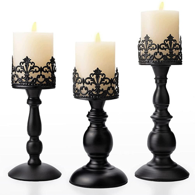 Vintage Pillar Candle Holders for Table Centerpiece Set of 3 - 11'' 9'' 8'' - Matte Black Metal Candle Stands Deccorative - Candle Centerpiece for Table Fireplace Decor - Gothic Candle Holder for Gift