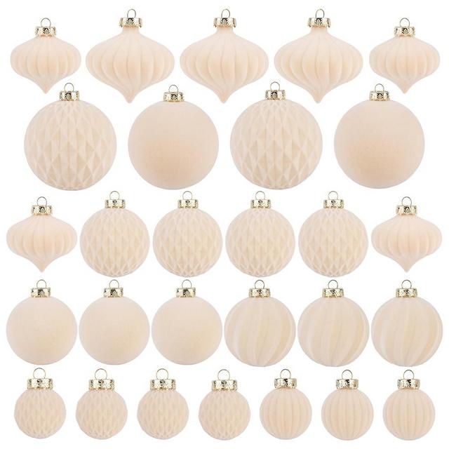 Flocked Ornaments for Christmas Tree Decorations - 28pcs Cream Velvet Ball Ornament for Xmas Holiday Decor - Plastic Shatterproof Christmas Ornaments Bulk