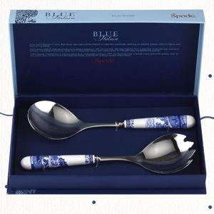 Spode Blue Italian Salad Servers Set - 10 Inch Spoon & Fork Serving Utensils Duo with Porcelain Handles and Stainless Steel Head
