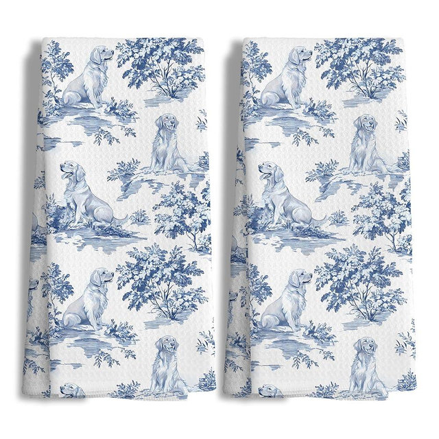 Nipil Chinoiserie Floral Golden Retriever Kitchen Towels Set of 2,Blue and White Golden Retriever Decorative Dish Tea Towels,Grandmillennial Botanical Dog Hand Towels for Kitchen Bathroom,16x24 Inch