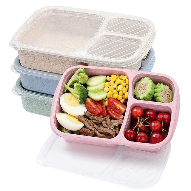 buluker 4 Pack Bento Lunch Box Set 3 Compartment Food Storage Containers Wheat Straw Meal Prep Lunch Box Plastic Food Storage Containers, Microwave and Dishwasher Safe (3 Compartment)