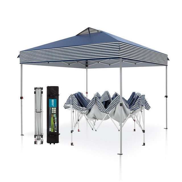 PHI VILLA Pop Up Canopy 10 10 Tents for Parties with Wheeled Bag, Portable Lightweight Folding w/Adjustable Height,Blue and White Stripes