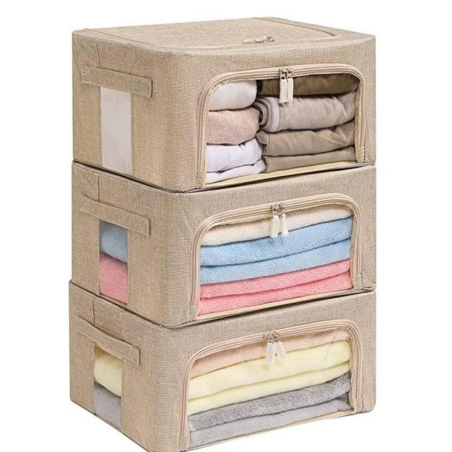 3Pack Foldable Storage Bins - Frame Storage Box Linen Fabric Stackable Clothes Container Organizer with Clear Window & Carry Handles Large Capacity (Small-22L, Beige)