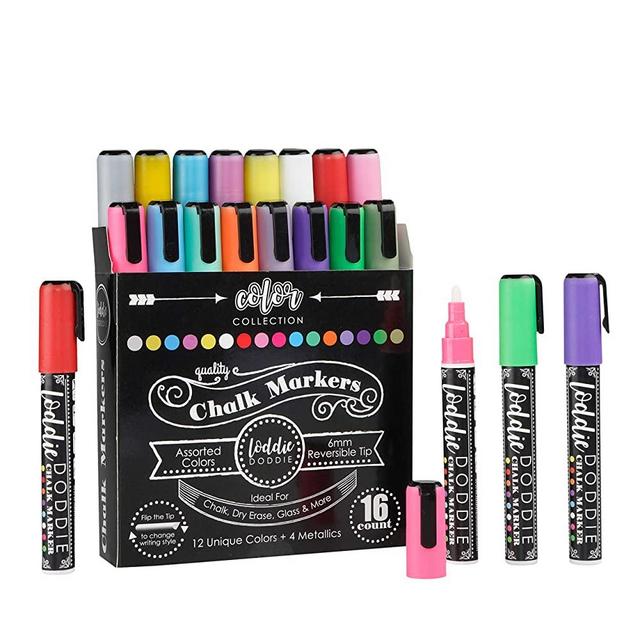 Loddie Doddie Liquid Chalk Markers | Dust Free Chalk Pens - Perfect for Chalkboards, Blackboards, Windows and Glass | 6mm Reversible Bullet & Chisel Tip Erasable Ink (Pack of 16)