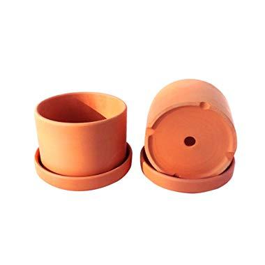 Natural Terracotta Round Fat Walled Garden Planters with Individual Trays. Set of 2