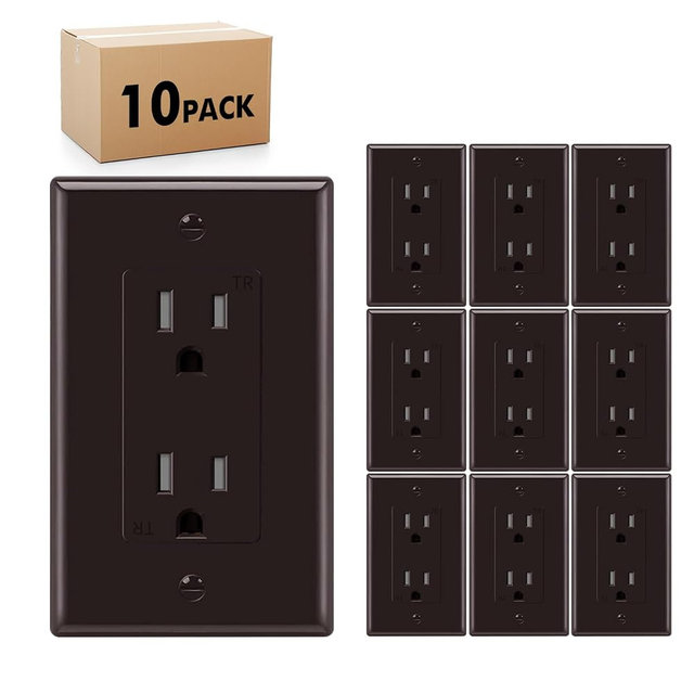 KULED Decorator Receptacle, 15A 125V Standard Electrical Wall Outlet, Tamper Resistant, Grounding UL Listed (10 Pack, Brown, 15A Outlet with wallplates)