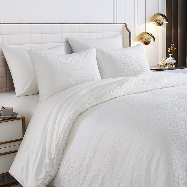 SOFTPAGE Cotton Boho King Comforter, White Comforter King Size 、 Extra Soft Vintage Farmhouse Bedding Washed, Jacquard Comforter Sets 3 Pieces (1 Comforter, 2 Pillowshams)