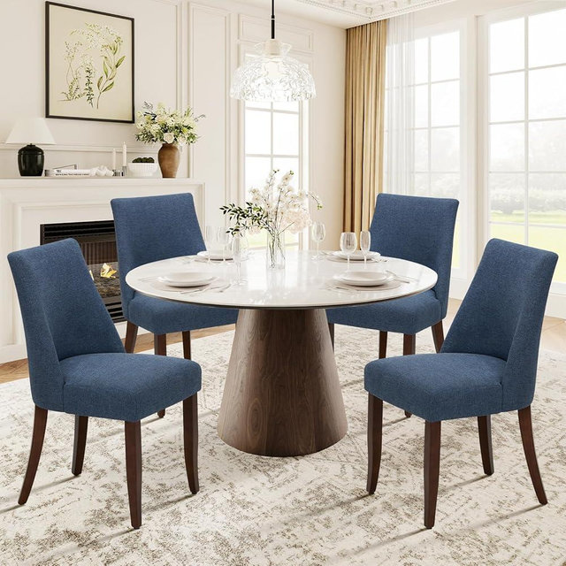 COLAMY Upholstered Dining Chairs Set of 4, Mid Century Modern Kitchen Chairs with Back, Farmhouse Fabric Side Dining Room Chairs with Wood Legs for Dining Room Restaurant, Blue