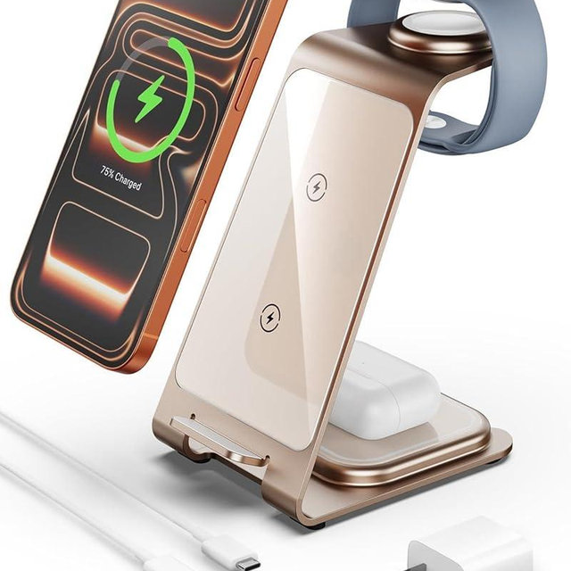 Intoval Aluminum 3 in 1 Wireless Charging Station for iPhone 17 16 15 14 13 12 11 Pro Max XR, Wireless Charger for Apple Watch 11 10 9 8 7 Ultra SE 3 2, Phone Charger for AirPods 4 Pro 2 3 (Desert)