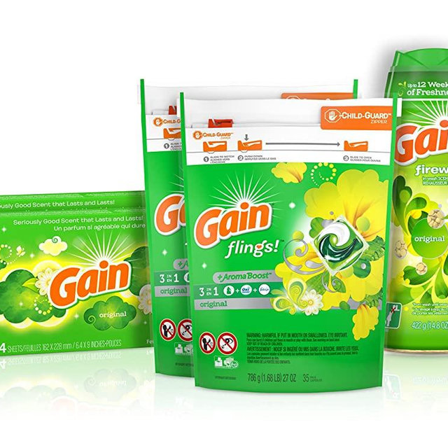 Gain Laundry Bundle: Gain Flings Laundry Detergent Pacs (2x35ct), Gain Dryer Sheets (2x34ct), Gain Fireworks Laundry Scent Booster Beads (14.8 oz)