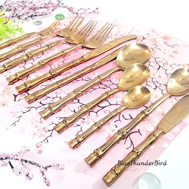 Service for 12 Vintage Mid-century Modern Flatware Bronze Bamboo Flatware Gostess Set MCM Flatware Brass Nickel Bronze Flatware Bronzeware