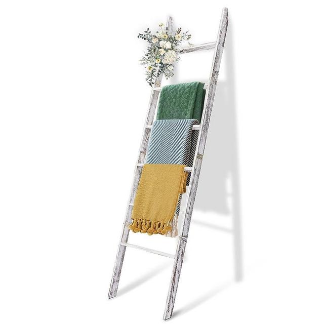 6-Tier Blanket Ladder Wooden, 5.7FT(66.5'') Blanket Quilt Towel Holder Rack Decorative Ladder, Easy Assembly, Rustic Farmhouse Ladder Shelf for The Living Room Bedroom Bathroom Home Decor, White Wash