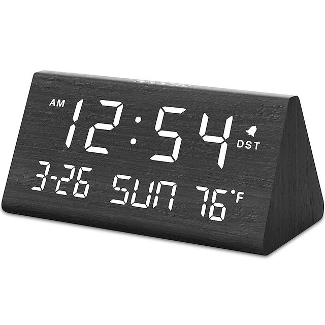 DreamSky Digital Alarm Clocks for Bedrooms - Wooden Electric Clock with 2 USB Ports, Date, Weekday, Temperature, 0-100% Brightness Dimmer, Adjustable Alarm Volume, Snooze, Auto DST