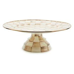 MACKENZIE-CHILDS Enamel Pedestal Platter, Round Cake Stand, Small, Brown-and-White Mocha Check
