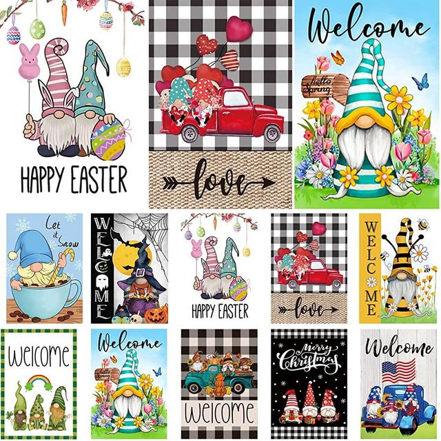 Set of 10 Gnome Seasonal Garden Flags,Double Sided 12 x 18 Inch Yard Flags,small garden flags for outside, Christmas Spring Seasonal Flags for Outdoor,Holiday Garden Flags for All Seasons