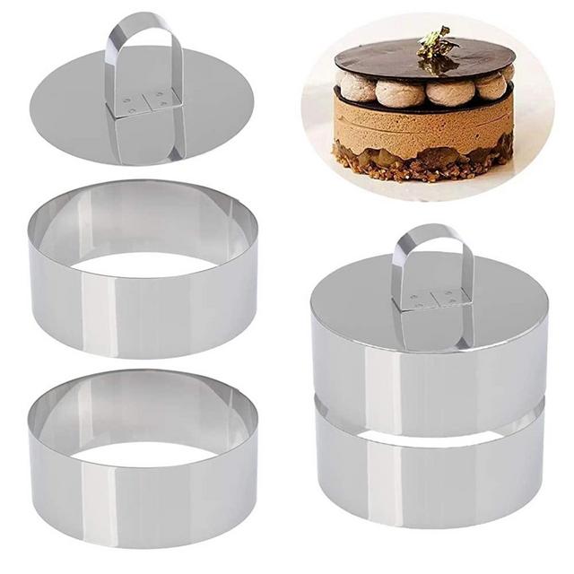 Set of 4 - Round Stainless Steel Small Cake Rings, Mousse and Pastry Mini Baking Ring Mold, Food Rings Cake Rings Dessert Rings Set Including 4 Rings & 2 Food Presses (Round)
