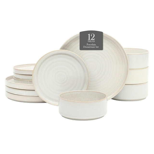 Gibson Elite Echo Bay 12 Piece Porcelain Reactive Glaze (Service for 4) Ceramic Plates and Bowls Modern Stackable Dinnerware Set - White
