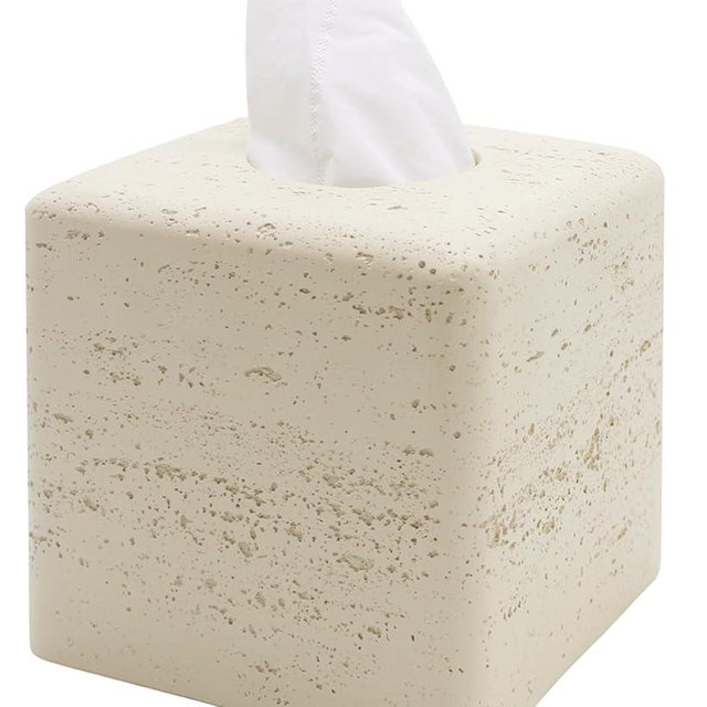 Huitony Travertine Tissue Box Cover Square Decorative Stone Klenex Box Holder for Bathroom & Living Room with Handcrafted Texture (Light Beige)