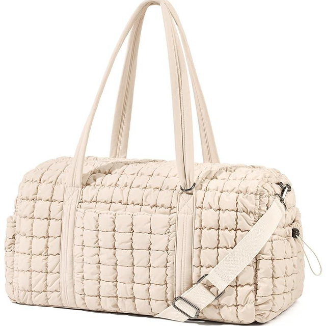 Quilted Travel Duffle Bag for Women Weekender Bag Large Puffer Overnight Bags Soft Puffy Duffel Bag Carry on Gym Bag Lightweight Personal Item Travel Bag for Trips Business Sport Airplane (Beige)