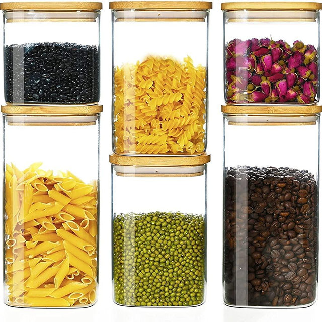 Glass Food Storage Jars with Bamboo Lids, Clear Square Airtight Kitchen Storage Container Sets, Stackable Glass Pantry Food Canisters for kitchen Counter, Candy, Cookie, Rice, Sugar, Flour, Pasta, Coffee, Grain, Cereal(Set of 6,27oz/40oz/50oz)