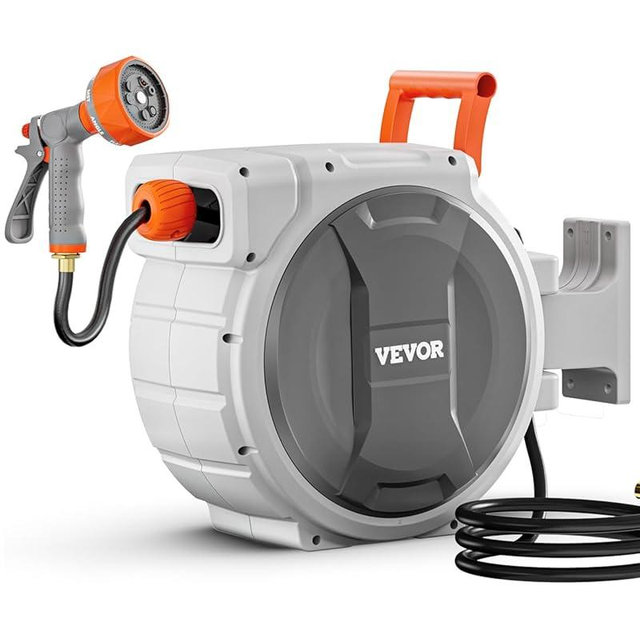 VEVOR Retractable Garden Hose Reel, 1/2 Inch x 65 ft Wall Mounted, Heavy Duty Garden Hose Reel with 9 Patterns Nozzle, Any Length Lock, Upgraded Slow Return System and 180°Swivel Bracket