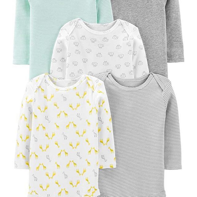 Simple Joys by Carter's Baby 5-Pack Neutral Long-Sleeve Bodysuit, Mint/Stripes/Heather Grey/Prints, Newborn