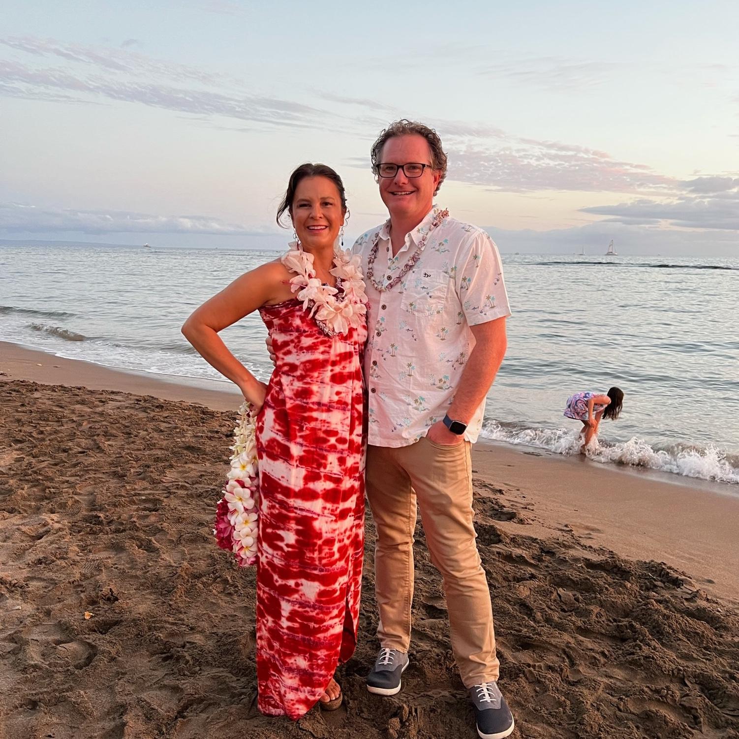 Lahaina, HI. Kim made leis for friends that are meeting them for dinner. This restaurant is no longer standing due to the tragic fires that would happen just weeks later in Lahaina.