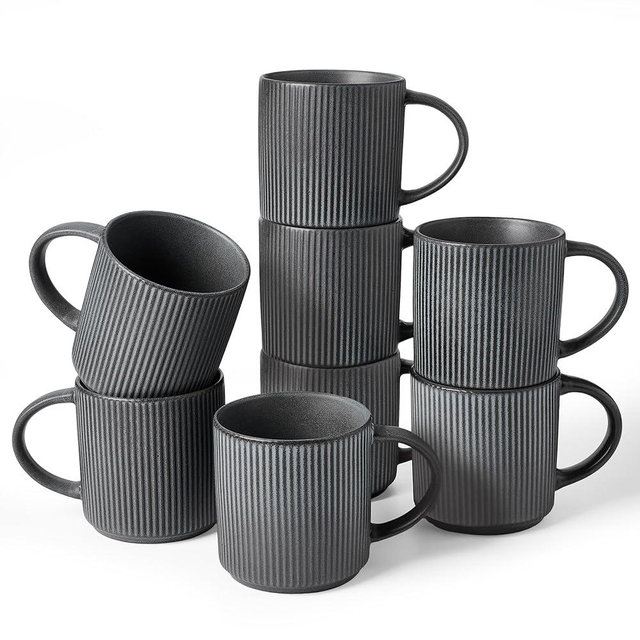 famiware Coffee Mug Set for 8, Star 12 oz Catering Mugs Cup Set with Handle for Coffee, Tea, Cocoa, Milk - Ceramic Stoneware Drinkware Set, Matte Dark Charcoal