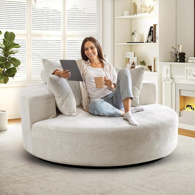 JEEOHEY 55" W Oversized Round Swivel Accent Barrel Chair,360 Degree Chenille Upholstered Comfy Chaise Lounge Chair Indoor,Modern Deep Seat Single Sofa Armchair for Living Room,Apartment,Office(Beige)