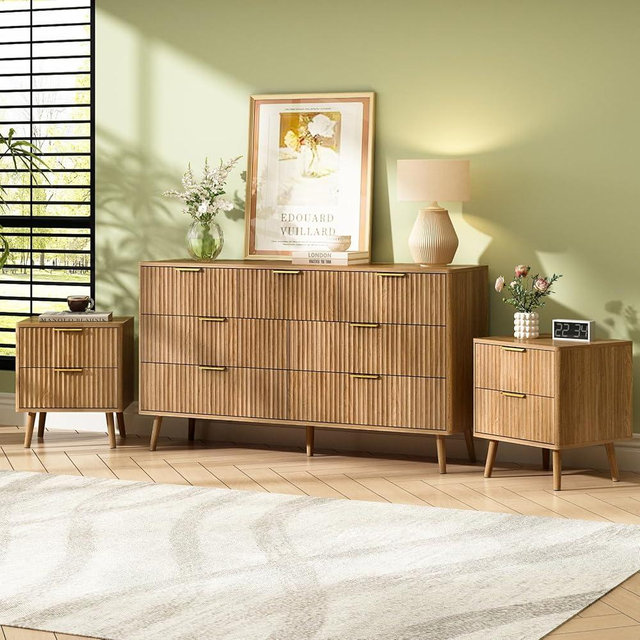 CARPETNAL Fluted Dresser and Nightstand Sets for Bedroom, 3 Pcs Bedroom Set, 7-Drawer Dresser & 2-Drawer Nightstand Set of 2, Modern Wood Chest of Drawers for Living Room, Entryway, Walnut
