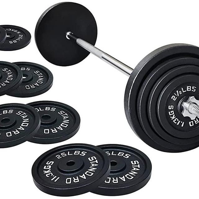 Signature Fitness Cast Iron Standard Weight Plates Including 5FT Standard Barbell with Star Locks, 95-Pound Set (85 Pounds Plates + 10 Pounds Barbell), Multiple Packages