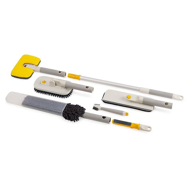 Joseph Joseph CleanTech 6-Piece Cleaning Set with Extension Handle, Includes: Glass Cleaner w/Squeegee, Tile Scrubber, Grout Brush, Surface Cleaner and Duster with Telescopic Pole