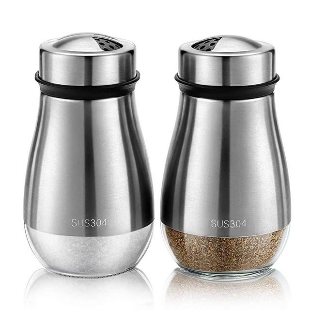 TUAEB 2pcs Salt and Pepper Shakers Set - Salt Shaker with Adjustable Pour Holes - 304 Stainless Steel & Glass Spice Dispenser Refillable - Perfect for Black Pepper, Kosher And Sea Salts - Seasoning
