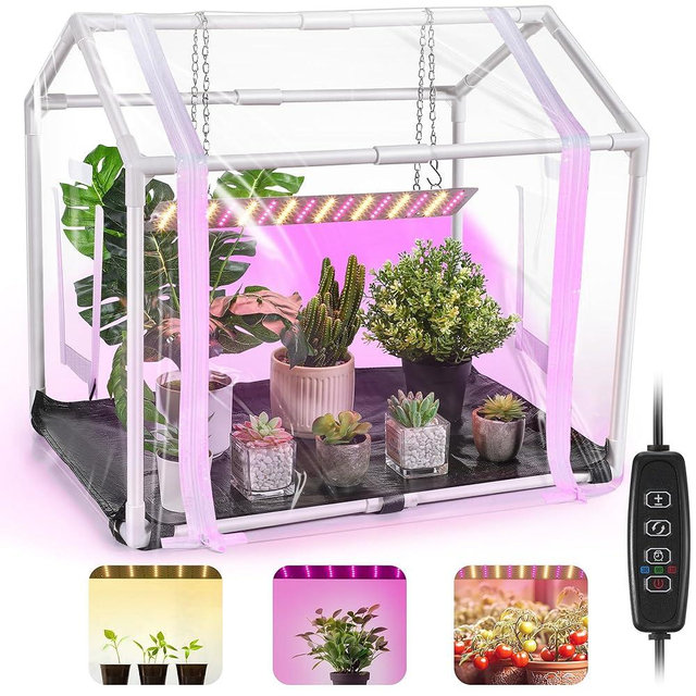 Meonum Mini Greenhouse with Grow Light, 23.6" L x 15.7" W x 19.6" H Portable Greenhouse with Waterproof Bottom Mat, Timer, 3 Light Color Mode for Indoor Outdoor Seed Starter Tray (Mini House Shape)