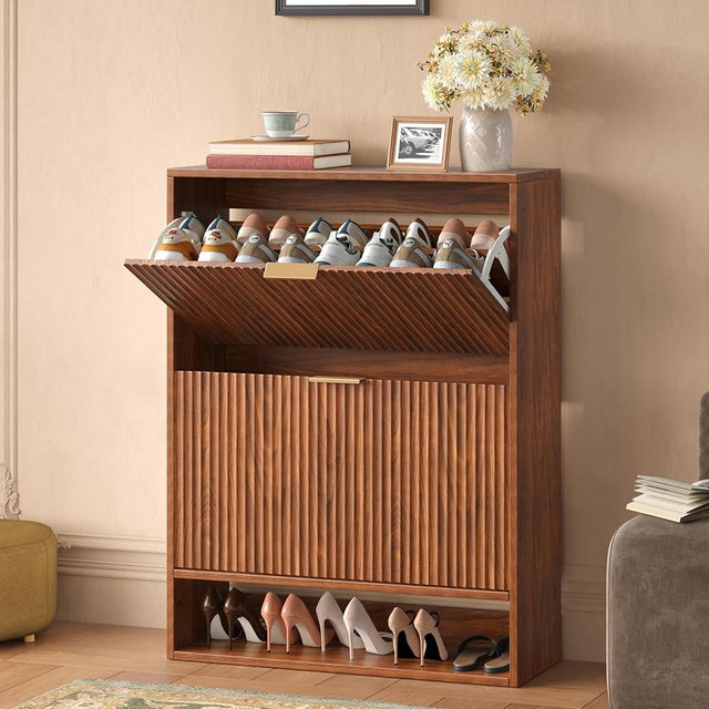 Evermagin 31.5''W Walnut Shoe Cabinet Storage for Entryway, Narrow Hidden Shoe Storage with 2 Flip Drawers, Wooden Fluted Shoe Rack for Foyer, Hallway
