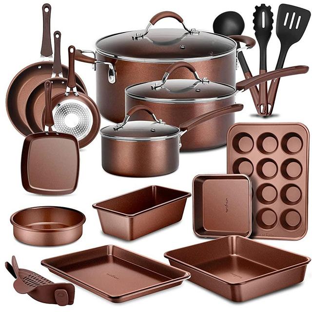 NutriChef 20-Pc. Nonstick Kitchen PTFE/PFOA/PFOS-Free Heat Resistant Silicone Handles Cookware Bakeware Set w/Saucepan, Frying Pans, Cooking, Oven Pot, Lids, Utensil, Brown-NCCW20SBR, Brown